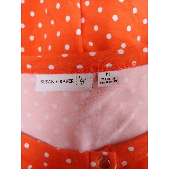 Susan Graver Womens Top Medium Snap Front Orange Polka Dot Cotton Stretch - Picture 4 of 5